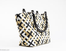 Load image into Gallery viewer, VINTAGE TALBOTS EMBROIDERED GEOMETRIC/LATTICE FABRIC AND FAUX BAMBOO TOP HANDLES BAG - 1990s

