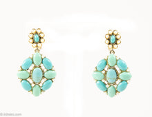 Load image into Gallery viewer, VINTAGE MONET FAUX TURQUOISE AND FAUX PEARL GOLDTONE DANGLE CLIP EARRINGS
