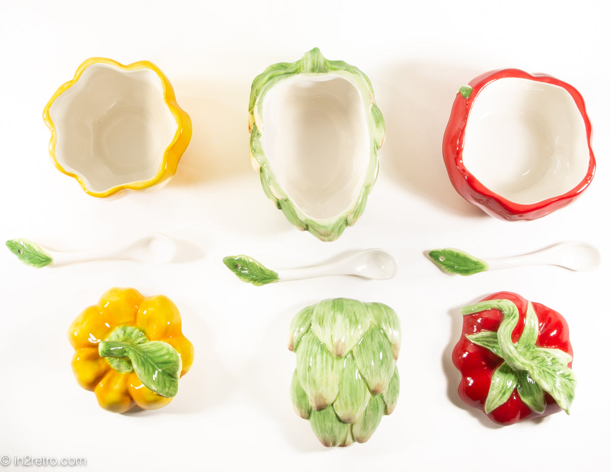 SET OF 3 CERAMIC VEGETABLE SHAPED SERVING BOWLS ARTICHOKE PEPPER TOMAT