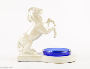 VINTAGE ART DECO (NUART?) METAL REARING HORSE ASHTRAY WITH COBALT BLUE GLASS INSERT