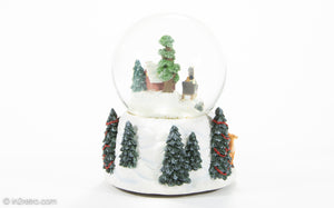 VINTAGE SNOW SCENE WIND-UP MUSICAL GLASS SNOW GLOBE "SLEIGH RIDE" | NEW OLD STOCK