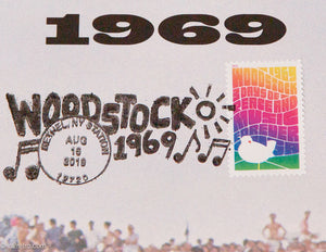 RARE WOODSTOCK 50TH 'THE CROWD' POSTER & US POSTAGE STAMP FROM BETHEL, NY POST OFFICE SHELLY RUSTEN