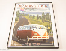 Load image into Gallery viewer, RARE FRAMED WOODSTOCK NEW YORK 50TH ANNIVERSARY VOLKSWAGEN SAMBA MICROBUS POSTER &amp; US POSTAGE STAMP FROM BETHEL, NY POST OFFICE
