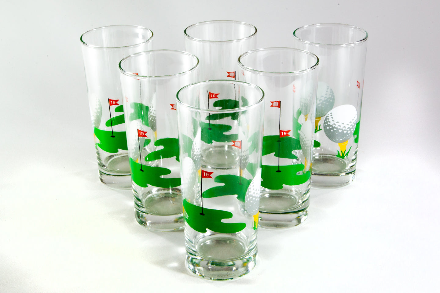 VINTAGE '19TH HOLE' GOLF HIGHBALL DRINKING GLASS COMPLETE SET OF 6