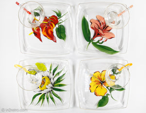 VINTAGE SET OF FOUR HAND-PAINTED FLORAL GLASS DESSERT PLATES WITH MATCHING CUPS | 8 PIECES