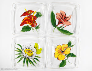 VINTAGE SET OF FOUR HAND-PAINTED FLORAL GLASS DESSERT PLATES WITH MATCHING CUPS | 8 PIECES