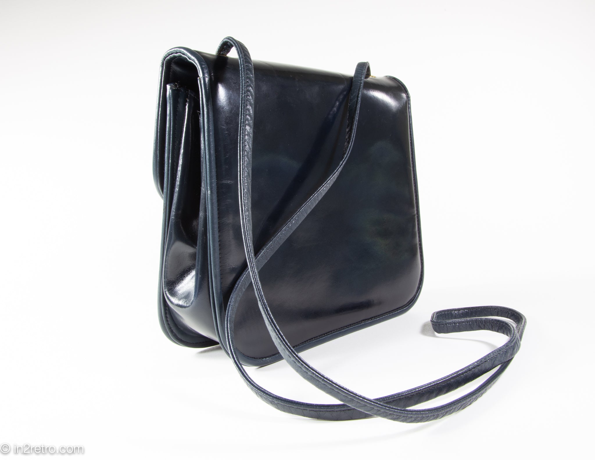 Vintage Designer Anne Klein for Calderon Navy Leather Shoulder Bag/Crossbody - 1970s