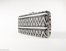 Load image into Gallery viewer, VINTAGE WOVEN BLACK AND WHITE CHEVRON PATTERN PLASTIC LACING HARD FRAME CLUTCH/SHOULDER BAG/ NEW OLD STOCK
