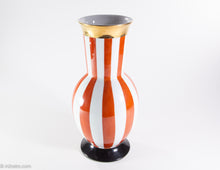 Load image into Gallery viewer, GORGEOUS BOLD RED/WHITE STRIPED FRENCH VASE WITH GOLD RIM ACCENT | SIGNED FREDRICK DELUCA, PARIS
