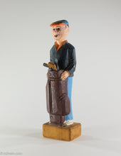 Load image into Gallery viewer, VINTAGE WOODEN HAND CARVED PAINTED FIGURINE/ STATUE &#39;GOLF BAG AND CLUBS&#39; GOLFER SMOKING CIGAR

