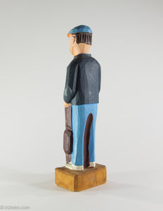 VINTAGE WOODEN HAND CARVED PAINTED FIGURINE/ STATUE 'GOLF BAG AND CLUBS' GOLFER SMOKING CIGAR