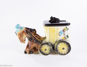 VINTAGE COOKIE JAR DONKEY PULLING COOKIES & MILK WAGON/CART WITH CAT RESTING ON LID