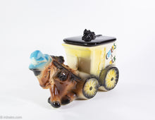 Load image into Gallery viewer, VINTAGE COOKIE JAR DONKEY PULLING COOKIES &amp; MILK WAGON/CART WITH CAT RESTING ON LID
