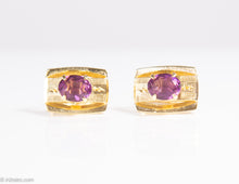 Load image into Gallery viewer, VINTAGE GOLD TONE BRUSHED SHINY CUFFLINKS WITH PURPLE FAUX AMETHYST STONE/ NEW IN BOX
