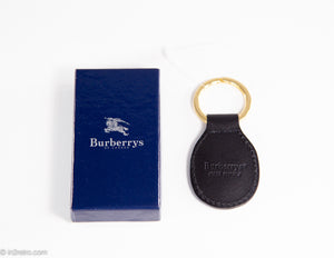 VINTAGE AUTHENTIC BURBERRYS BLACK LEATHER EMBOSSED BRASS KEY RING FOB ITALY/ PRE-1999