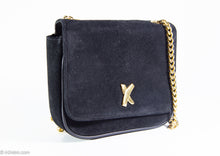 Load image into Gallery viewer, VINTAGE AUTHENTIC PALOMA PICASSO SMALL BLACK SUEDE “KISS&quot; DISCO BAG WITH HEAVY GOLD CHAIN STRAP - 1980s
