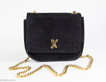 Load image into Gallery viewer, VINTAGE AUTHENTIC PALOMA PICASSO SMALL BLACK SUEDE “KISS&quot; DISCO BAG WITH HEAVY GOLD CHAIN STRAP - 1980s
