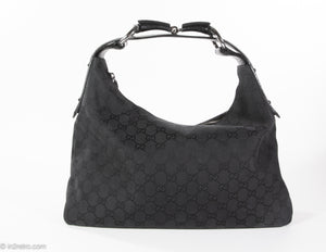 Gucci Monogram Hobo Black Patent Leather-Trim Canvas Medium Shoulder Bag