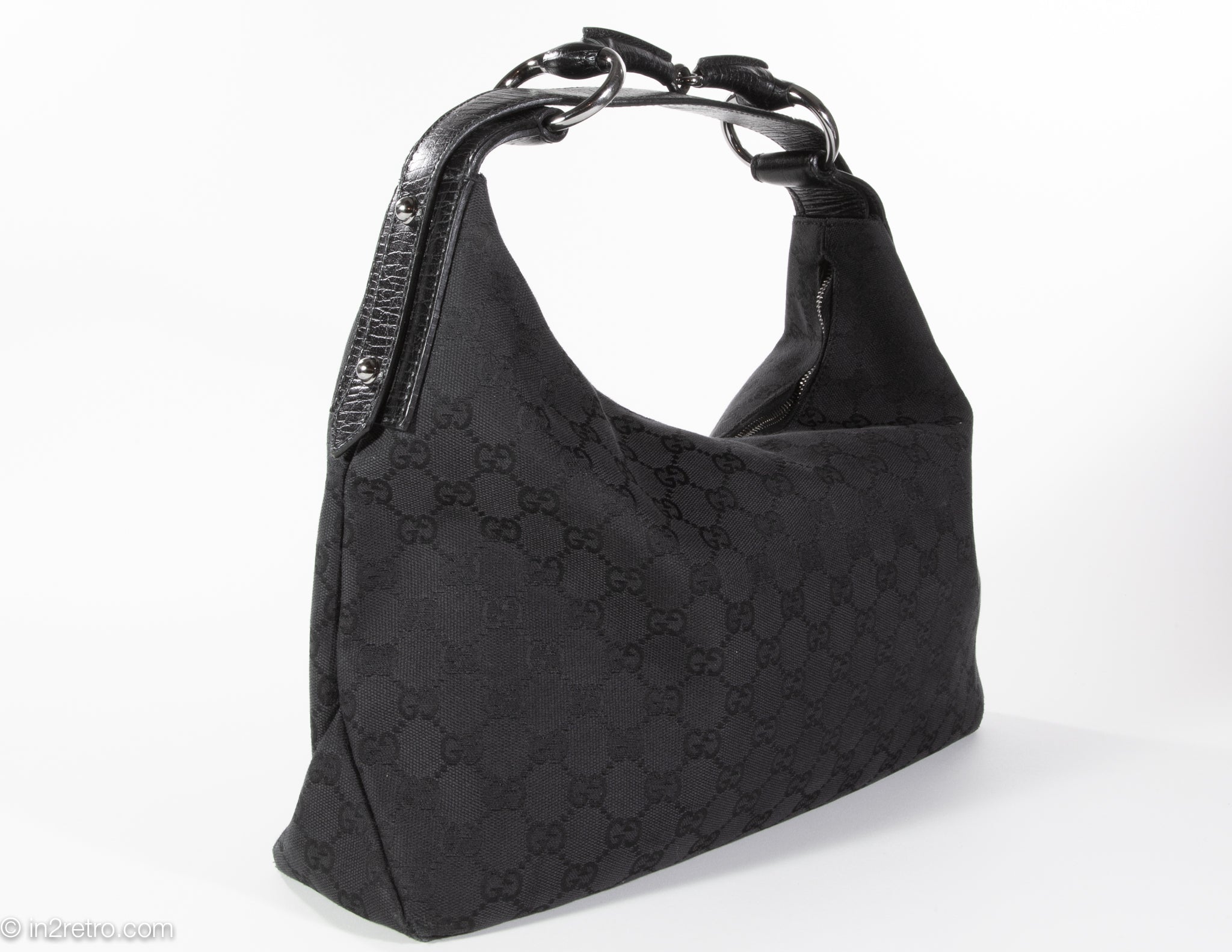 Gucci Black GG Logo Monogram Canvas Leather Top Zip Small Hobo Shoulder Bag
