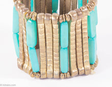 Load image into Gallery viewer, VINTAGE BURNISHED GOLD TONE METAL AND FAUX TURQUOISE BEADS STRETCH BRACELET
