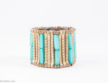 Load image into Gallery viewer, VINTAGE BURNISHED GOLD TONE METAL AND FAUX TURQUOISE BEADS STRETCH BRACELET
