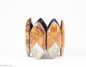 VINTAGE WOOD-TONES RESIN AND ABALONE POINTED OVALS STRETCH BRACELET