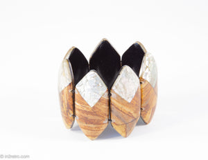 VINTAGE WOOD-TONES RESIN AND ABALONE POINTED OVALS STRETCH BRACELET