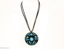 Load image into Gallery viewer, VINTAGE ARTISAN DESIGNED HAND-PAINTED BLUE DESIGNS SHELL CIRCLE PENDANT NECKLACE
