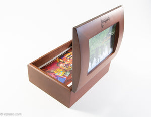BETHEL WOODS CENTER FOR THE ARTS WOODEN BOX OF PHOTO STATIONARY & ENVELOPES W/ GLASS PHOTO FRAME COVER
