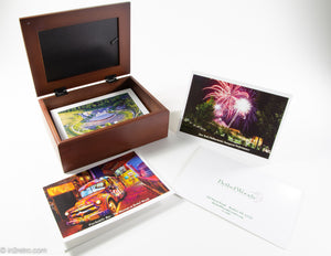 BETHEL WOODS CENTER FOR THE ARTS WOODEN BOX OF PHOTO STATIONARY & ENVELOPES W/ GLASS PHOTO FRAME COVER