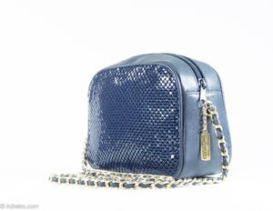 VINTAGE "WHITING AND DAVIS" SHOULDER/CROSSBODY BAG NAVY BLUE METAL MESH LEATHER CAMERA GOLD CHAIN