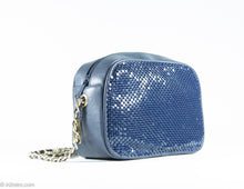 Load image into Gallery viewer, VINTAGE &quot;WHITING AND DAVIS&quot; SHOULDER/CROSSBODY BAG NAVY BLUE METAL MESH LEATHER CAMERA GOLD CHAIN
