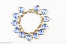 Load image into Gallery viewer, VINTAGE SILVER TONE LINKS BLUE DANGLING GLASS HEARTS BRACELET
