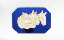 Load image into Gallery viewer, EXTREMELY RARE VINTAGE ART DECO BLUE MIRROR PLAQUE WITH 3 CHALKWARE APPLIED HORSES
