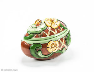 VINTAGE CERAMIC BROWN EGG-SHAPED COOKIE JAR WITH YELLOW FLOWERS