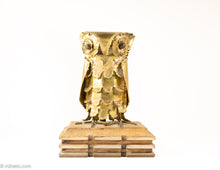 Load image into Gallery viewer, VINTAGE MIDCENTURY BRUTALIST COPPER OWL SCULPTURE/ STATUE/ FIGURINE ON WOOD BASE WITH BEAD EYES
