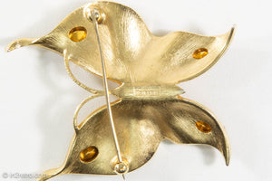 VINTAGE CROWN TRIFARI BRUSHED GOLD SMOKY RHINESTONES BUTTERFLY PIN/BROOCH - 1950s