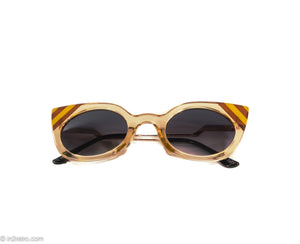 VINTAGE CAT EYE SUNGLASSES WITH TAN STRIPED TEMPLES GOLD METAL ARMS