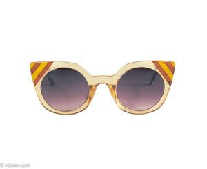 VINTAGE CAT EYE SUNGLASSES WITH TAN STRIPED TEMPLES GOLD METAL ARMS