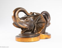 Load image into Gallery viewer, PAIR OF VINTAGE &quot;TRUNKS-UP/ GOOD LUCK&quot; COPPER/BRASS METAL ELEPHANT HEAD BOOKENDS
