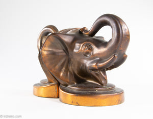 PAIR OF VINTAGE "TRUNKS-UP/ GOOD LUCK" COPPER/BRASS METAL ELEPHANT HEAD BOOKENDS