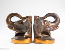 Load image into Gallery viewer, PAIR OF VINTAGE &quot;TRUNKS-UP/ GOOD LUCK&quot; COPPER/BRASS METAL ELEPHANT HEAD BOOKENDS
