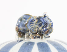 Load image into Gallery viewer, VINTAGE GLAZED CERAMIC BLUE &amp; WHITE STRIPES LUCKY ELEPHANT TRINKET BOX

