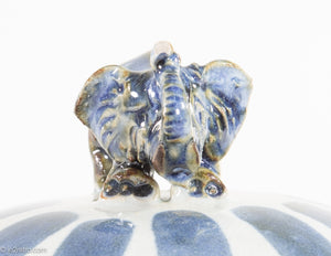 VINTAGE GLAZED CERAMIC BLUE & WHITE STRIPES LUCKY ELEPHANT TRINKET BOX