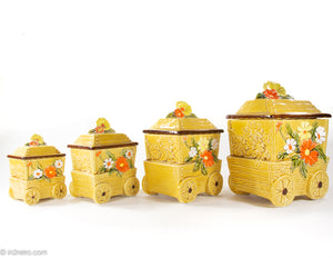 VINTAGE CERAMIC YELLOW FLOWER CART KITCHEN CANISTERS / SET OF 4
