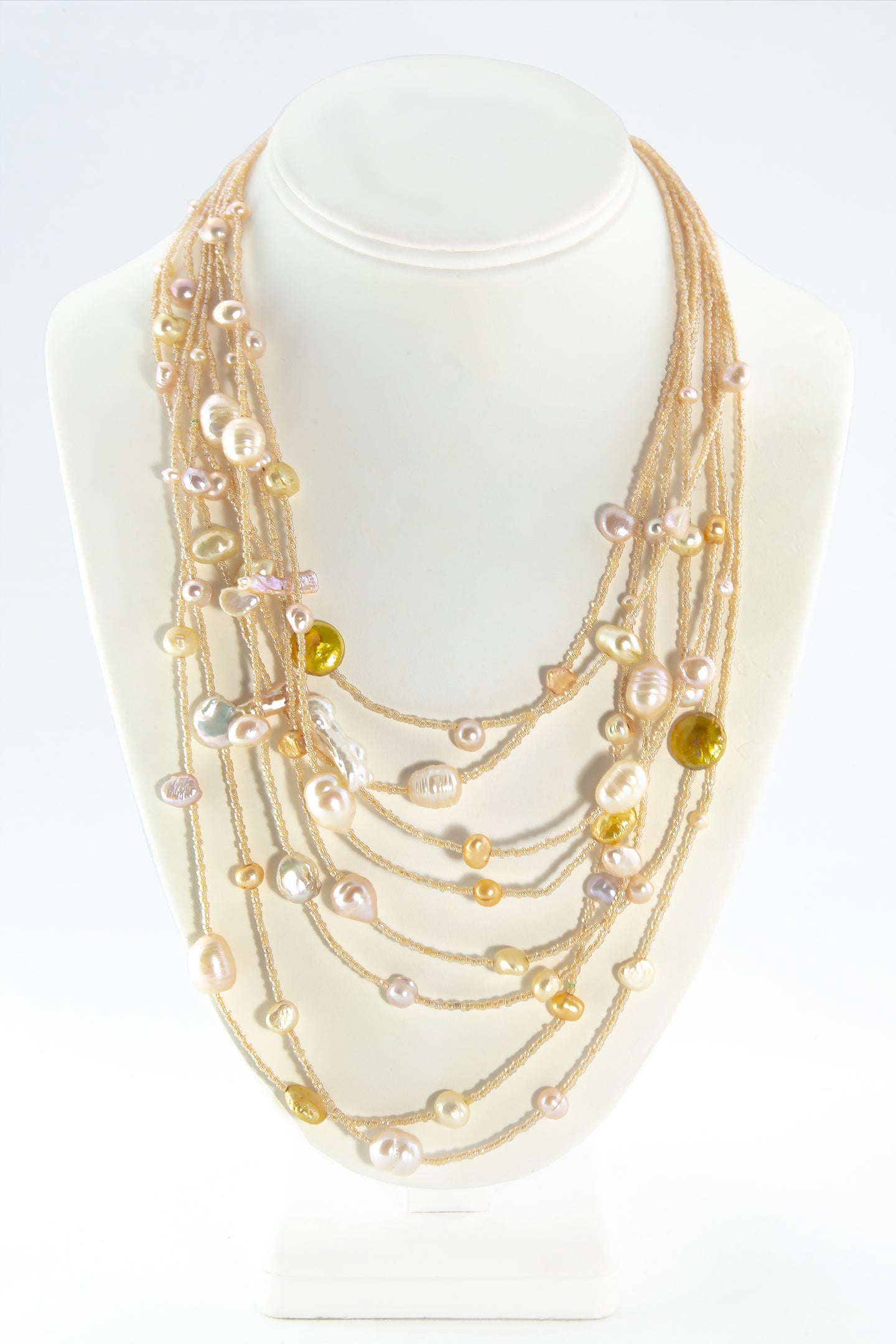 ARTISAN FRESHWATER PEARL IRIDESCENT BEAD MULTI-STRAND WATERFALL LAYERED NECKLACE GOLD COLORED