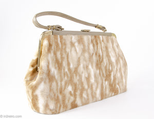 VINTAGE TAUPE/CREAM SINGLE HANDLE FAUX FUR HANDBAG | 1960s