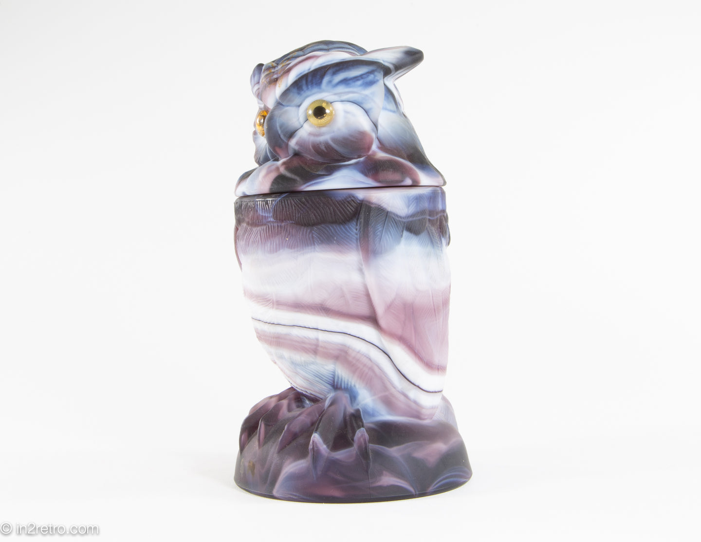 VINTAGE IMPERIAL SWIRLED PURPLE SLAG GLASS FIGURAL OWL COVERED DISH/FIGURINE/STATUE