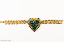 Load image into Gallery viewer, VINTAGE CORO GOLD TONE EMERALD GREEN RHINESTONES HEART BRACELET - 1950s
