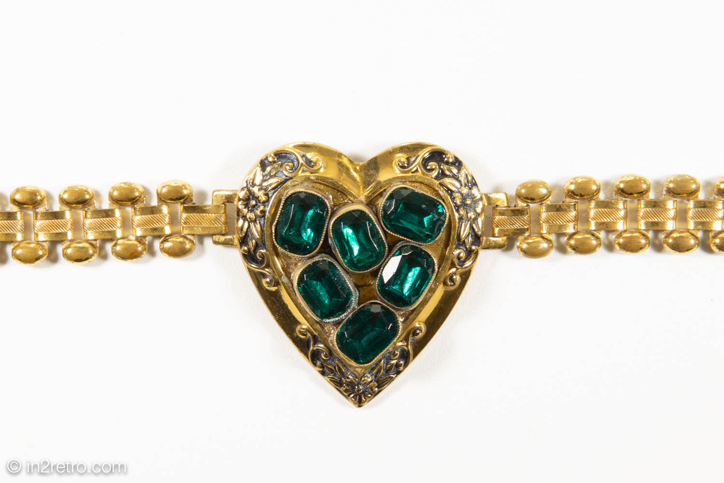 VINTAGE CORO GOLD TONE EMERALD GREEN RHINESTONES HEART BRACELET - 1950s